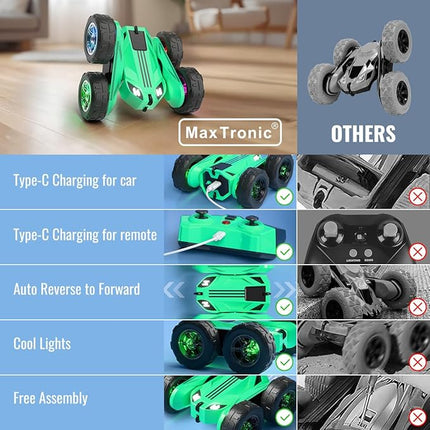 MaxTronic Remote Control Car, Rechargeable RC Cars & Remote - 20km/h Double Sided 360° Rotation Stunt Stunt Crawler with LED Lights for Boys Girls Aged 3-12