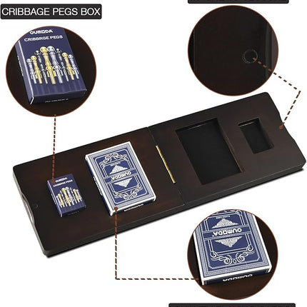 15.5'' Cribbage Board Game Set with Magnetic Lock, Folding Wooden Continuous 3 Track Scoreboard with Large Slots for Storing 1 Playing Cards and 9 Metal Pegs, Travel Game for Family Kid Adult