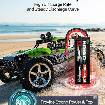 HOOVO 2S 7.4V 5200mAh 80C RC LiPo Battery Hard Case with T Connector for RC Buggy Vehicles Car Boat Truck (2 Pack)
