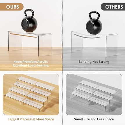 Anglelife 8 Pieces Large Display Risers, 4" Wide Clear Rectangular Tabletop Shelf for Showcase Collectibles, Acrylic Stand for Retail Desktop Jewelry Funko Pop Figures