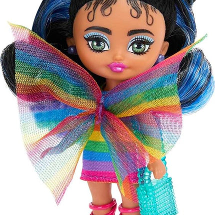 Barbie Extra Mini Minis with Blue-Streaked Black Ponytail Wearing Rainbow Dress & Accessories & Stand, 3.25-inch