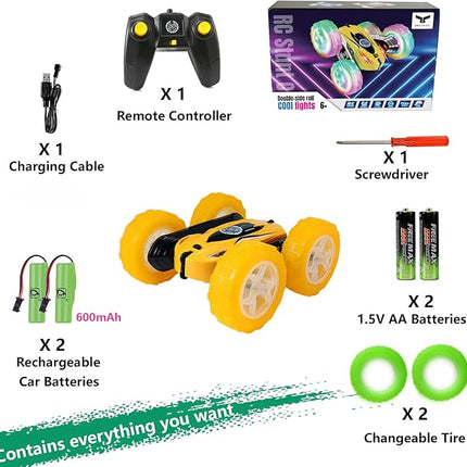 FREE TO FLY Remote Control Car for Boys 6-12: Kids Rc Stunt Car 2.4GHz Fast Race Car with Lights 4WD 360°Rotating RC Cars Toy Gifts Presents for Boys Girls Age 6 7 8 9 10 11 Year Old Yellow