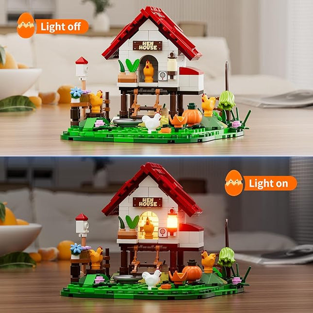 FUNWHOLE Farm Hen-House Lighting Building-Bricks Set - Farm Life Chicken Henhouse and Animal Collection LED Light Construction Building Model Set 323 Pcs for Adults and Teen