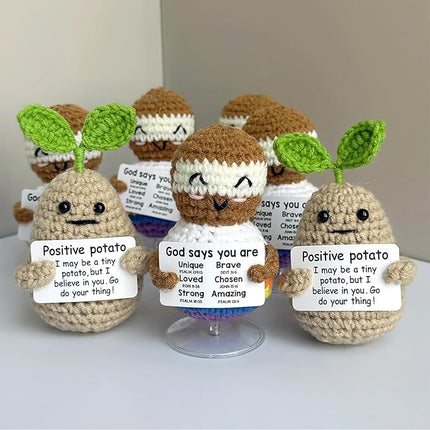Mini Funny Knitted Wool Potato Toy with Positive Card - Creative Cute Crochet Doll Cheer Up Gift for Friends, Parties, Christmas Decoration and Encouragement