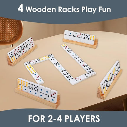 Demteric Upgraded Dominoes Double 6, 28 Dominos Tiles, 4 Wooden Holders/Racks Travel Memory Table Game with Portable Case for 2-4 Players Classic Family Board Games for Adults, Kids
