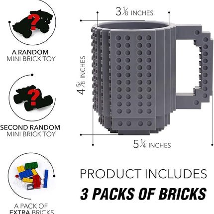 TOYAMBA Build-on Brick Mug BPA-Free Funny Coffee Mug with 3 Packs of Building Bricks, Funny Cups for Kids - Creative Building Block Mug DIY Idea 16OZ (Grey)