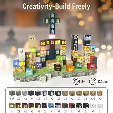 Magnetic Blocks -137PCS Lights Halloween Building Blocks,World Magnetic Tiles Kids Build Cubes 3+,STEM Toys for 3-5 4-8 5-7 Year Old Boys,Sensory Creative Activities Birthday Gift