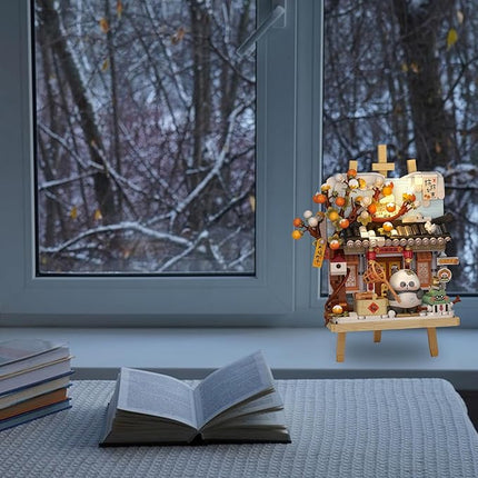 MEIEST Panda Mini Building Blocks Cute 3D Painting Model Set,Creative 4 Seasons' Views Collection Construction Building Bricks Toy,Home Decor (Winter-Persimmon)