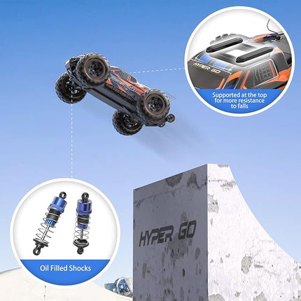 HYPER GO H16DR 1:16 Scale Ready to Run Fast Remote Control Car, High Speed Jump RC Monster Truck, Off Road RC Cars, 4WD All Terrain RTR RC Truck with 2 LiPo Batteries for Boys and Adults