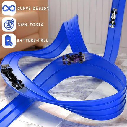 16Ft Flexible Race Car Track for Kids, Flex Track Toy with 4 Race Cars and Suction Cups, Compatible with Hot Wheels and 1/64th Cars, Rolls Up Portable Racetrack for Ages 345678