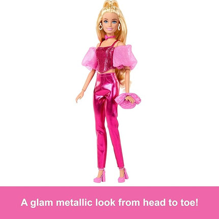 Barbie Deluxe Style Doll #5 in Metallic Pink Outfit, Blonde Hair, Sparkly Corset Top and Shiny Pants with Accessories Like Rose Necklace and Handbag