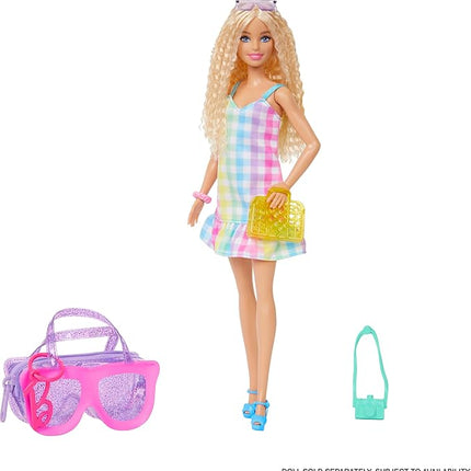Barbie Clothes & Accessories, Deluxe Sunglasses-Shaped Bag with Keychain, Multicolor Gingham Dress & Summery Accessories for Fashion Dolls