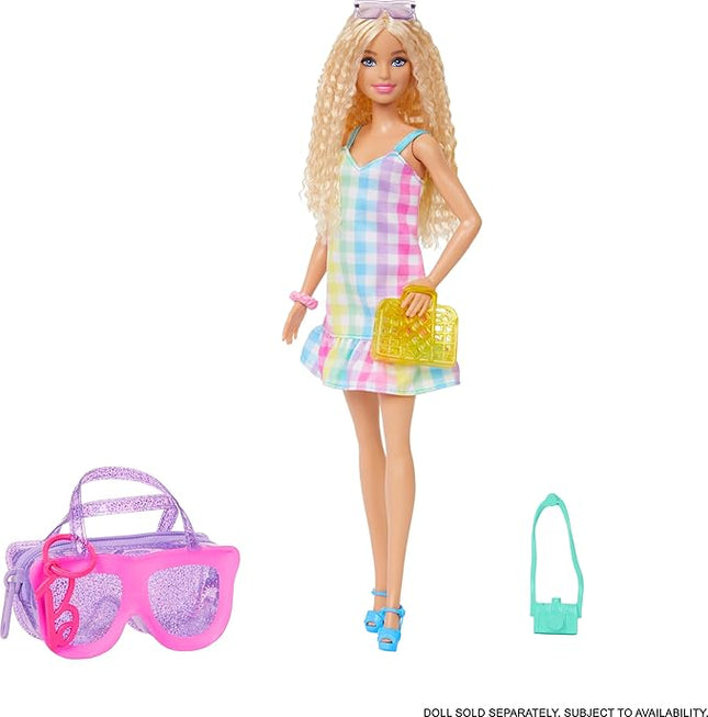 Barbie Clothes & Accessories, Deluxe Sunglasses-Shaped Bag with Keychain, Multicolor Gingham Dress & Summery Accessories for Fashion Dolls