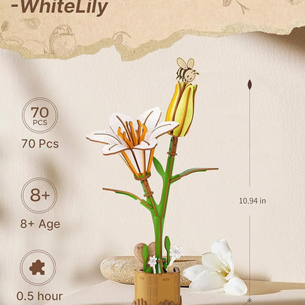 3D White Lily Wooden Puzzles for Adults,DIY Wooden Flower Craft,Wooden Flowers Model Kit Building Set Craft for Adults to Build.(6.42 * 4.13 * 10.94in 70PCS)