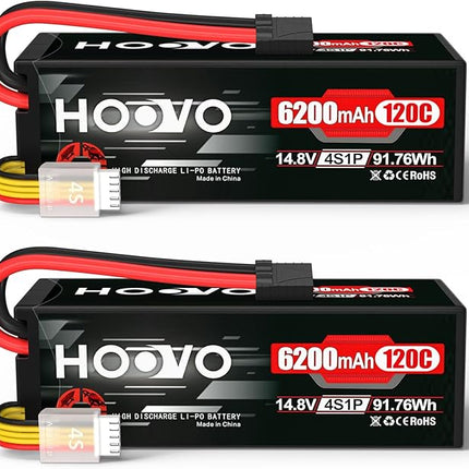 HOOVO 4S Lipo Battery 14.8V 6200mAh 120C RC Car Battery Hard Case with TR Plug Compatible for 1/8 and 1/10 Scale RC Car RC Buggy Truggy Truck Slash 4X4 Crawler Monster RC Hobby 2 Pack