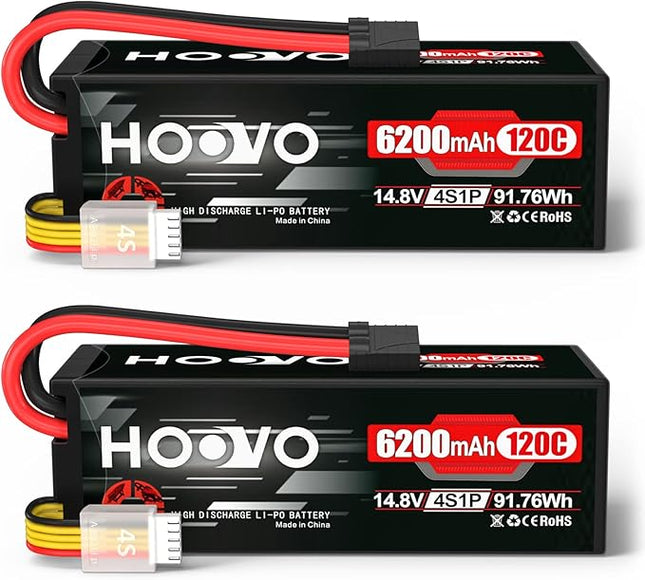HOOVO 4S Lipo Battery 14.8V 6200mAh 120C RC Car Battery Hard Case with TR Plug Compatible for 1/8 and 1/10 Scale RC Car RC Buggy Truggy Truck Slash 4X4 Crawler Monster RC Hobby 2 Pack