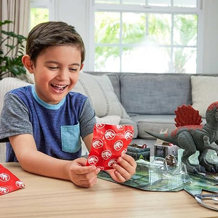 Mattel Jurassic World Crushivores Mini Dinosaur Figure & Accessories, Cage Crasher Spinosaurus Unboxing Toy with Surprises Including Sand, Gel & Dough