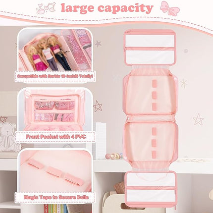Carrying Case Compatible with Barbie Dolls 12-Inch, Storage Organizer with Handle Holds up to 6 Dolls,Multiple Pockets for Accessories,Toy Storage Box, Pink,Bag Only