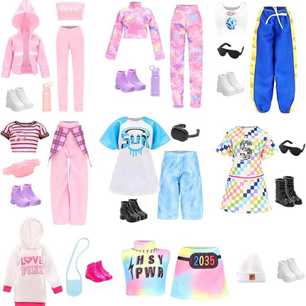 24 PCS Doll Clothes & Accessories 8 Set Clothing Includes Sport Outfit, Hooded Dress, Sportsuits, Skirt, with 8 Pairs of Shoes, 8 Accessories for 11.5 Inch Girl Dolls Cool Style Set