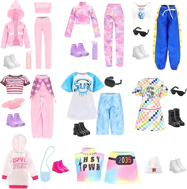 24 PCS Doll Clothes & Accessories 8 Set Clothing Includes Sport Outfit, Hooded Dress, Sportsuits, Skirt, with 8 Pairs of Shoes, 8 Accessories for 11.5 Inch Girl Dolls Cool Style Set