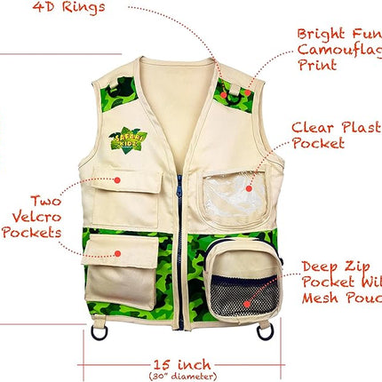 Safari Kidz Outdoor Explorer Kit - Green Camouflage Cargo Vest and Hat Set, Backyard Nature Adventures, Washable Costume, Age 3+