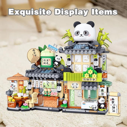Mini Building Blocks Foldable Bamboo Panda Tea Shop Creative Construction Building Toy 860 Pcs Mini Bricks for Boy Girl Age 7+(Panda)