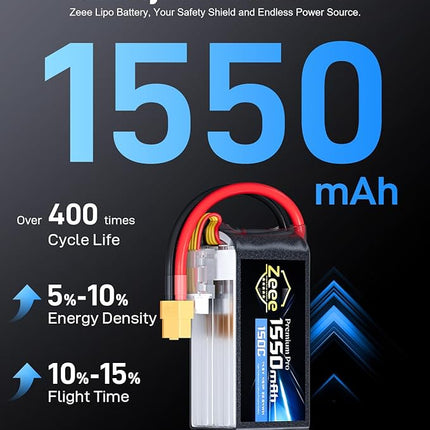 Zeee Premium Pro 1550mAh 4S Lipo Battery 14.8V 150C Ultra-Low IR Soft Pack RC Battery with XT60 Plug for FPV Drone Quadcopter Racing Helicopter Airplane RC Boat RC Car RC Models(2 Pack)
