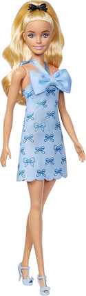 Barbie Fashionistas Doll #237 with Wavy Blonde Ponytail Wearing Blue Bow Halter Dress, Black Hair Bow Accessory and Matching Blue Heels