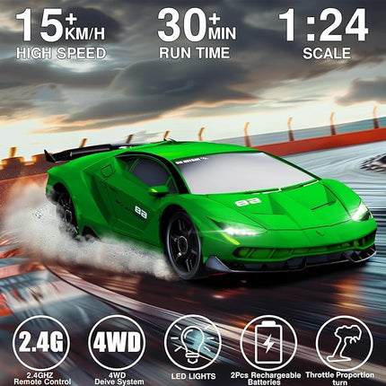 Remote Control Car RC Drift Car 2.4GHz 1:24 4WD 15KM/H High Speed Racing Sport Car with LED Lights Drifting Tire Racing Sport Toy for Adults Boys Girls Kids Gift 2Pcs Rechargeable Batteries