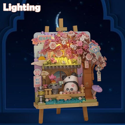 MEIEST Panda Mini Building Blocks Cute 3D Painting Model Set,Creative 4 Seasons' Views Collection Construction Building Bricks Toy,Home Decor (Spring-Cherry Blossom)