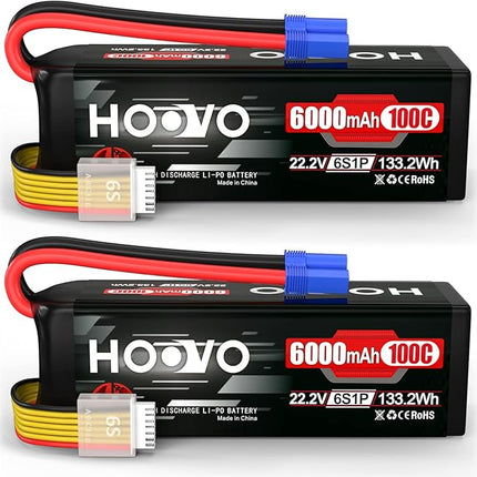 HOOVO 22.2V 6S LiPo Battery 6000mAh 100C Softcase RC Battery for RC Quadcopter Truck Boat Airplane Helicopter RC Vehicle(2 Pack)
