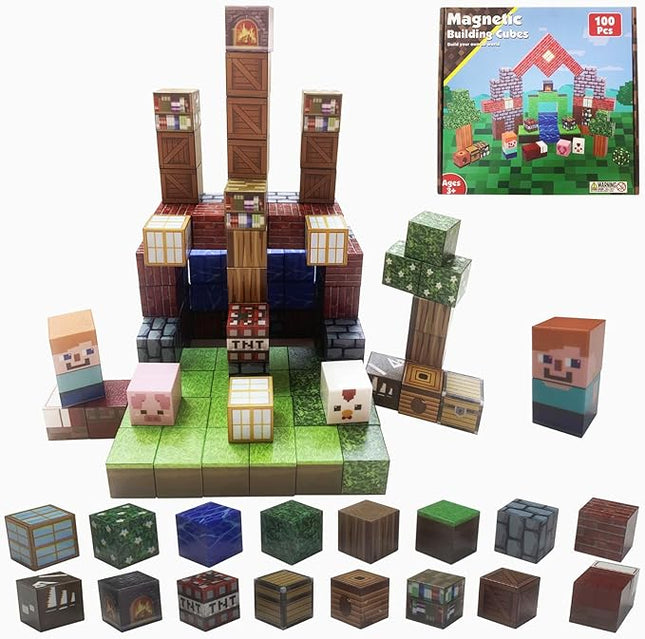 Magnetic Blocks Animals Magnet Cubes 100Pcs Montessori Building Block Sets STEM Sensory Construction Toys for Boys Girls Ages Kids 3-12 Birthday Party Gifts