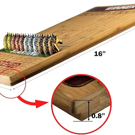 Metal Horse Race Board Game Set with Horse Racing Thick & Solid Wood Game Board(16"/Dark),11 Luxurious with 4 Antique(Gold,Silver,Red Cooper&Bronze) Metal Craft Horses, Dice&Cards (HR-M654)