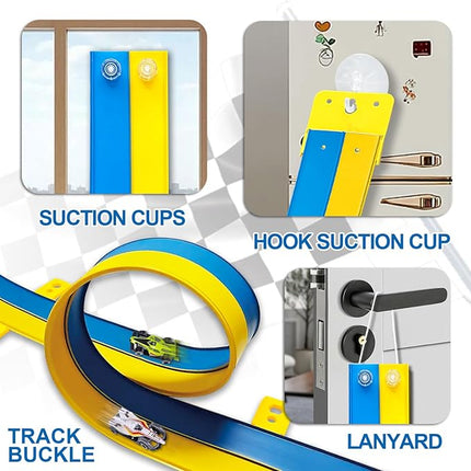 Flexible Race Track Toys for Kids, 15 Ft Double Lane Racetrack with 4 Cars & Suction Cups, Compatible with Hot Wheels & 1/64 Diecast Cars, Portable Roll Up Car Ramp Track Set for Ages 3+(Yellow&Blue)