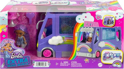 Barbie Extra Mini Minis Doll & Toy Vehicle Playset, Expandable Tour Bus with 3.25-inch Small Doll, Clothes & Accessories