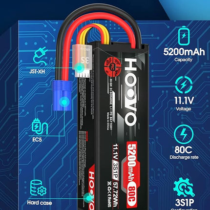 HOOVO 3S 11.1V Lipo Battery 5200mAh 80C Hard Case Battery with EC5 Connector for RC Car Boat Truck Heli Airplane UAV Drone FPV Racing