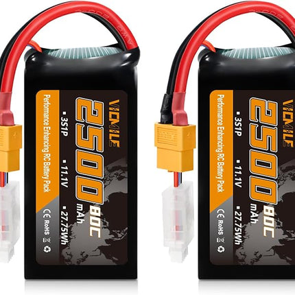 3S Lipo Battery 2500mAh 11.1V 80C High Discharge Rate Shorty Pack RC Batteries with XT60 Plug Fit for RC Airplane FPV Quadcopter Helicopter Drone and Racing RC Hobby Models 2500 High Capacity