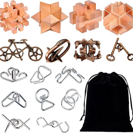 Rileryan 16 PCS Wooden Metal Brain Teasers for Adults 3D Brain Teasers Wooden Cube