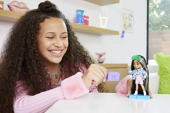 Barbie Extra Minis Doll #2 (5.5 in) Wearing Checkered 2-Piece Fashion & Jacket, with Doll Stand & Accessories Including Shutter Sunglasses and Boombox, Gift for Kids 3 Years Old & Up