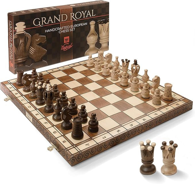 Wegiel Grand Royal Wooden Chess Set for Adults and Kids - 18 Inch Luxury Chess Set, Handcrafted from Premium Beech and Birch Wood - Unique Folding Design with Storage