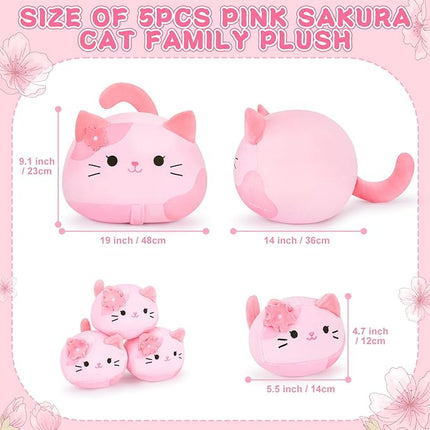 5 PCS Pink Sakura Cat Plush Stuffed Animal Family-19" Soft Pink Sakura Cat Plush, Large Mommy Plushies with 4 Baby Kittens Plushies, Kawaii Plush Toy Christmas Birthday Gifts for Kids Boys Girls
