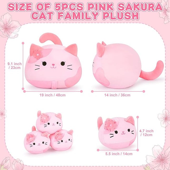 5 PCS Pink Sakura Cat Plush Stuffed Animal Family-19" Soft Pink Sakura Cat Plush, Large Mommy Plushies with 4 Baby Kittens Plushies, Kawaii Plush Toy Christmas Birthday Gifts for Kids Boys Girls