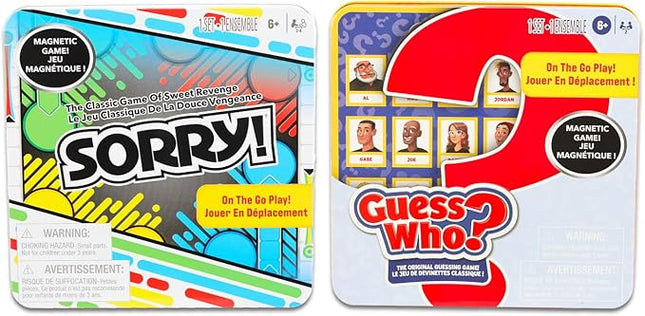 Magnetic Game Travel Set for Kids - Bundle with 2 Travel Games in Tin Featuring Sorry, Guess Who Plus Stickers, More | Hasbro Travel Games for Kids 8-12