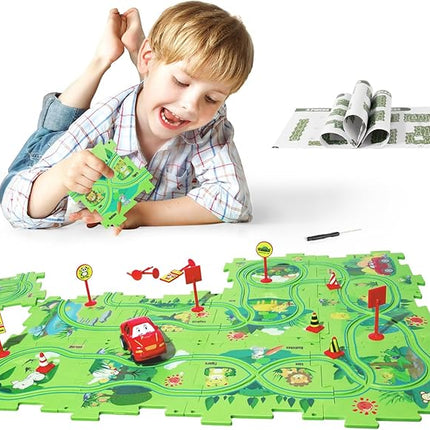 Puzzle Racer Kids Car Track Set, Plastic Puzzles for Kids Ages 3-5 with A Cute Vehicle, Toddler Puzzle Track Play Set Gift, Race Tracks for Toddler 3-5, Toys for 3 4 5 6 Year Old Boys Girls