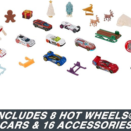 Hot Wheels Toy Car Set, 2023 Advent Calendar with 8 1:64 Scale Vehicles, 16 Accessories & Playmat for Kids & Collectors