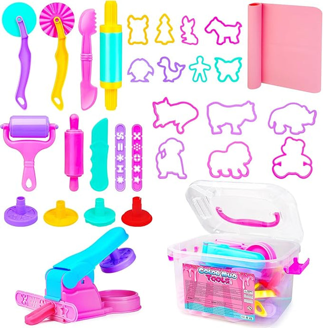 Dough Tool Sets for Kids Toddlers,Cute Playdough Accessories with Rolling Pin Dough Mat Storage Box,Party Pack Toys for Kids Age 2-4 3-5 4-8,Educational Toys Gift for Birthday Christmas Boys Girls