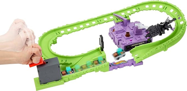 Hot Wheels Toy Car Track Set, RacerVerse Minecraft Playset & Die-Cast Diamond Armor Steve in Minecart Vehicle, Launch & Race to Defeat Ender Dragon