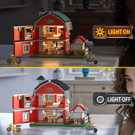 Farm House Building Set with Lighting Kit - Ranch Cottage Building Blocks Set with Chicken Coop, Flowers, Animals - Display for Home Office Decor, Gift for Adults Teen Kids 8+ (1268 PCS)