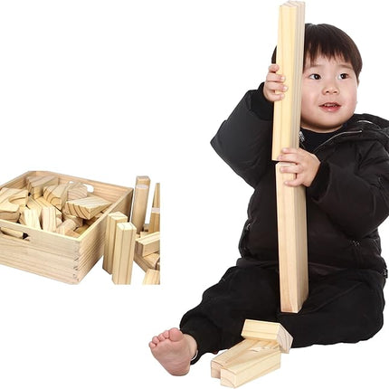 Standard Unit Building Blocks for Toddlers with Storage Tray (64 Pcs) Sanded Wood Blocks for Children, Original STEAM, and STEM Learning, Classic Wooden Toys for Kids Parties and Classrooms