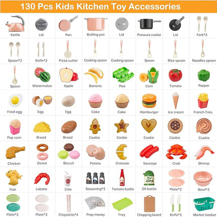130Pcs Kitchen Playset, Toddler Pretend Cooking Play Pots, Pans, Utensils Cookware, Daily Food Fruit Veges, Shopping Storage Basket, Dessert, Prop Money, Learning Gift for Child (Pink)